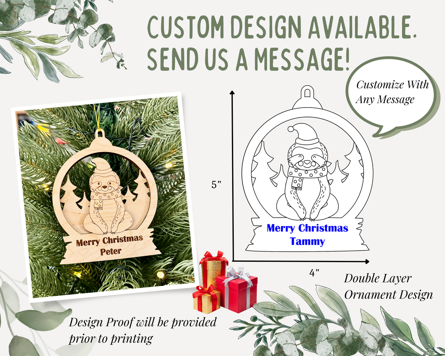 Personalized Snow Globe Sloth Christmas Ornament for Christmas Tree Decoration Gift