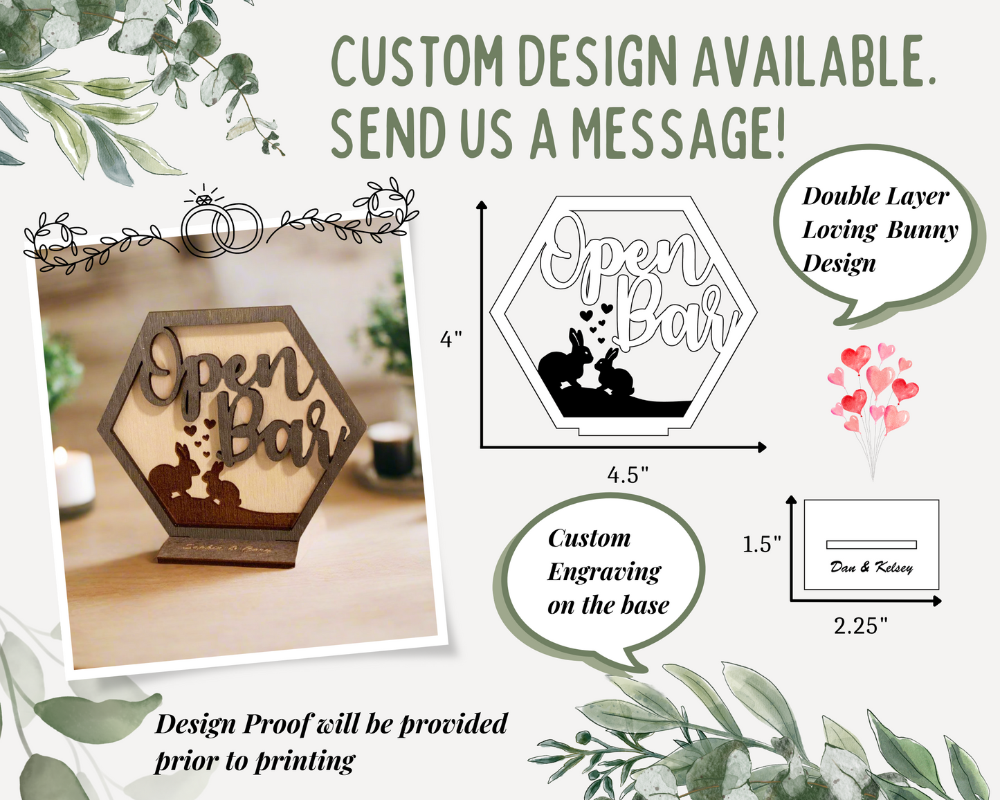 Hexagon Bunny Family Open Bar Signage For Wedding Reception Table Decor