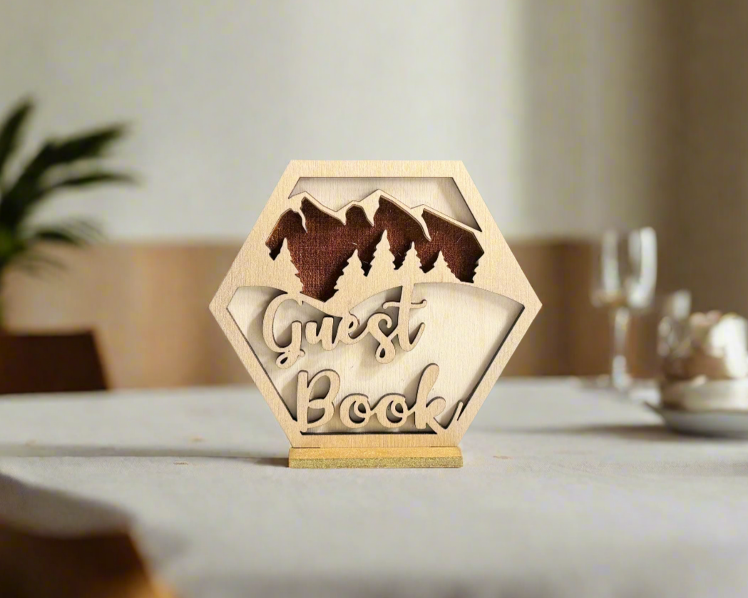 Hexagon Mountain Range Guest Book Signage For Wedding Ceremony Table Decor