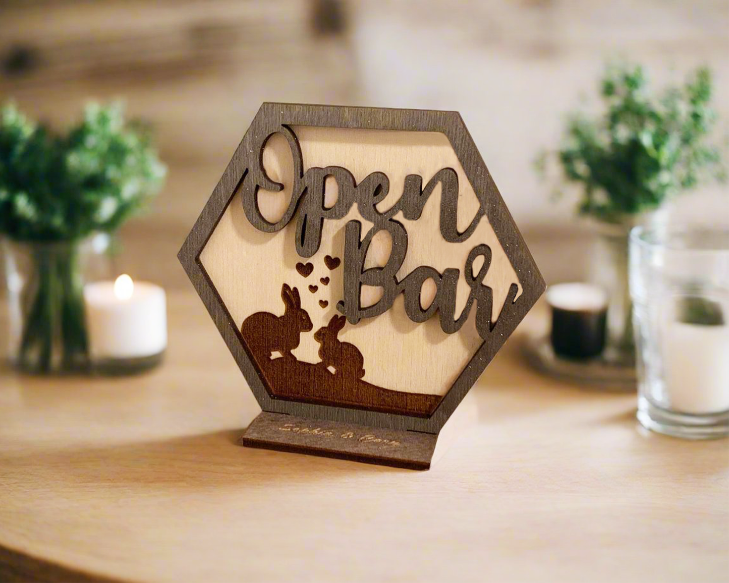 Hexagon Bunny Family Open Bar Signage For Wedding Reception Table Decor
