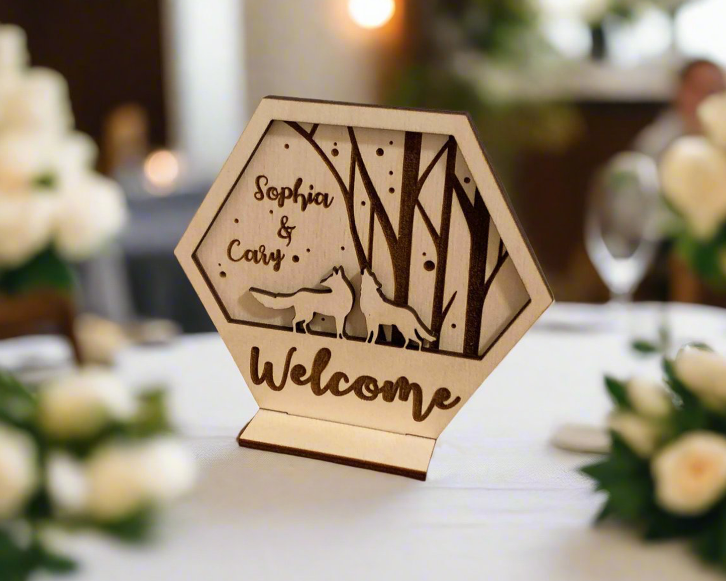 Hexagon Wolf Family Custom Welcome Signage For Wedding Reception Table Decor