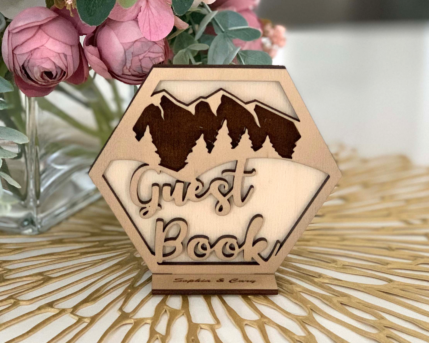 Hexagon Mountain Range Guest Book Signage For Wedding Ceremony Table Decor