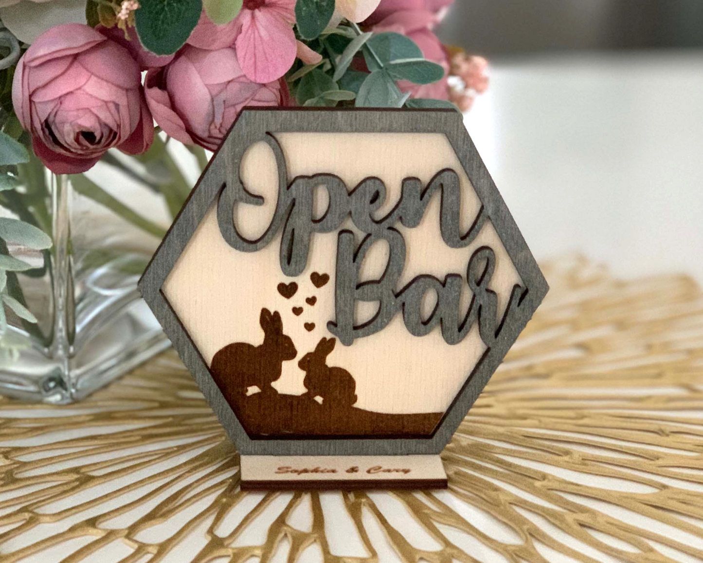 Hexagon Bunny Family Open Bar Signage For Wedding Reception Table Decor