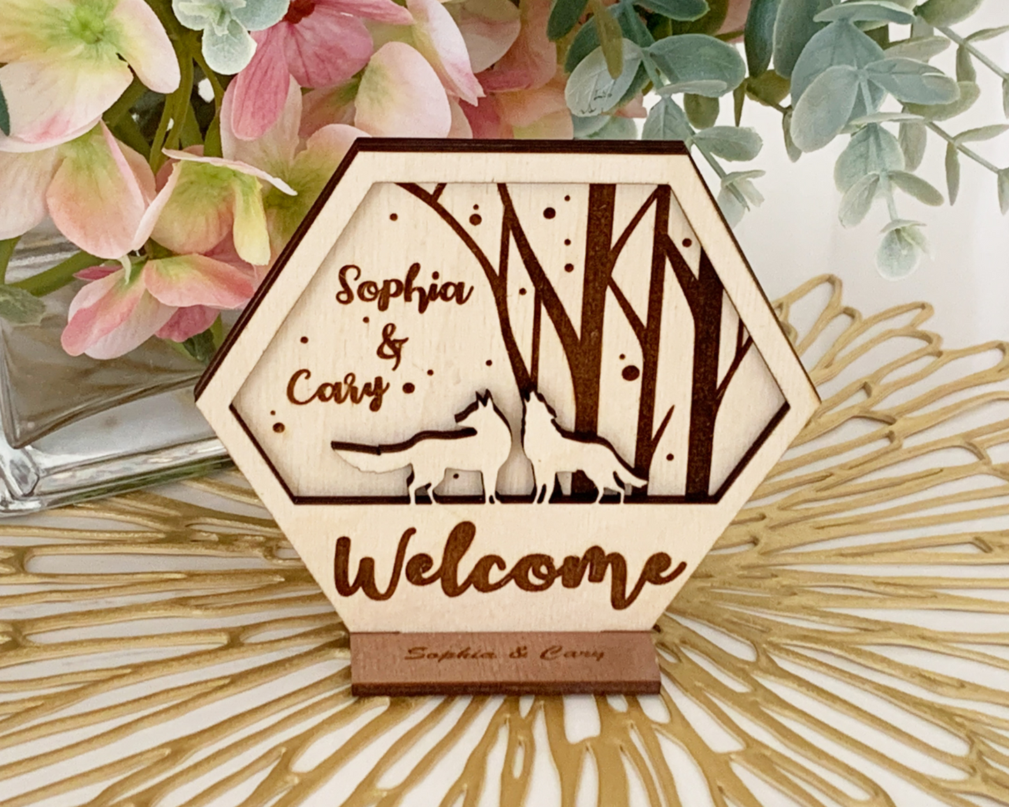 Hexagon Wolf Family Custom Welcome Signage For Wedding Reception Table Decor