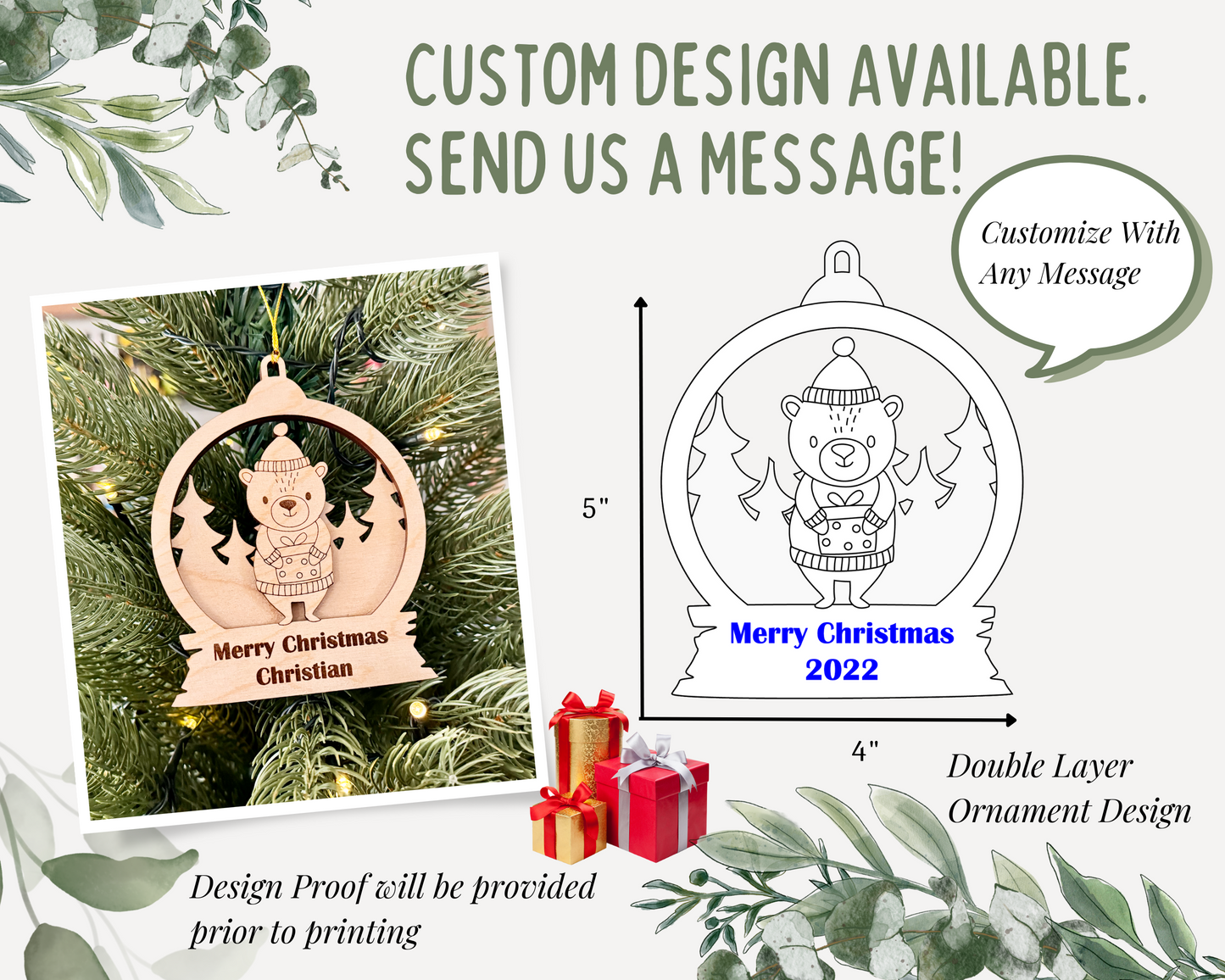 Personalized Snow Globe Bear Christmas Ornament for Christmas Tree Decoration Gift