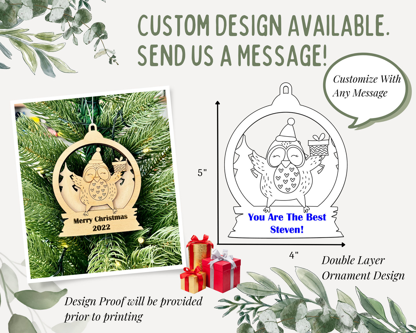 Personalized Snow Globe Owl Christmas Ornament for Christmas Tree Decoration Gift