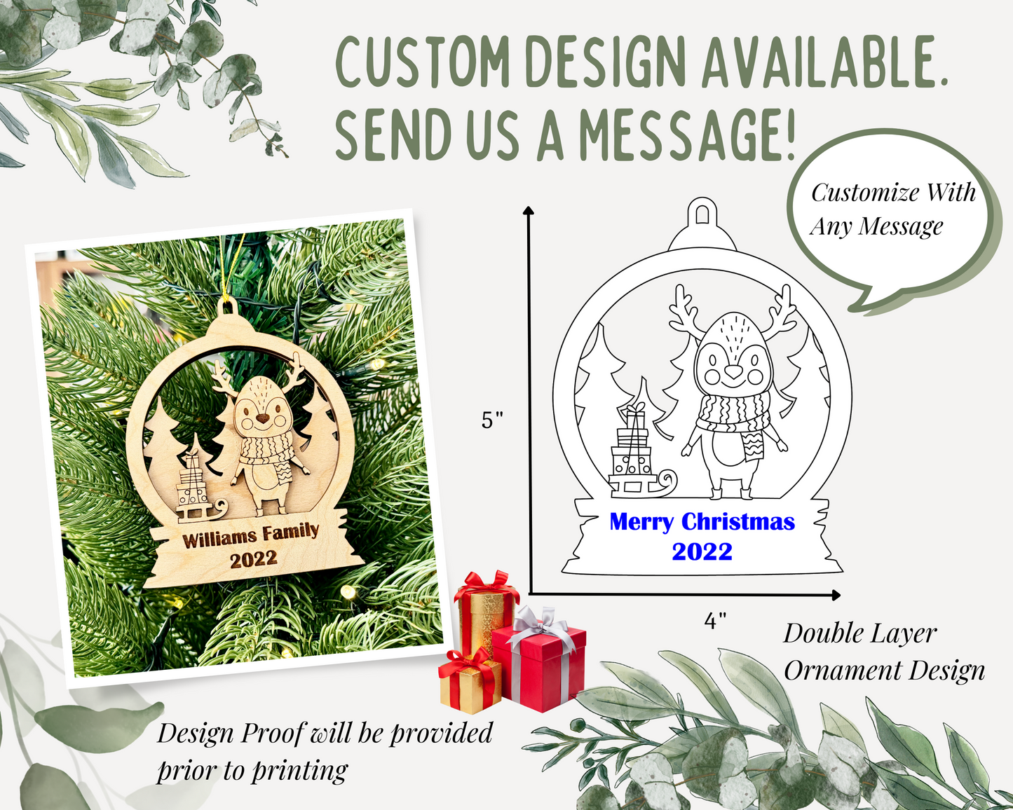 Personalized Snow Globe Reindeer Sleigh Christmas Ornament for Christmas Tree Decoration Gift