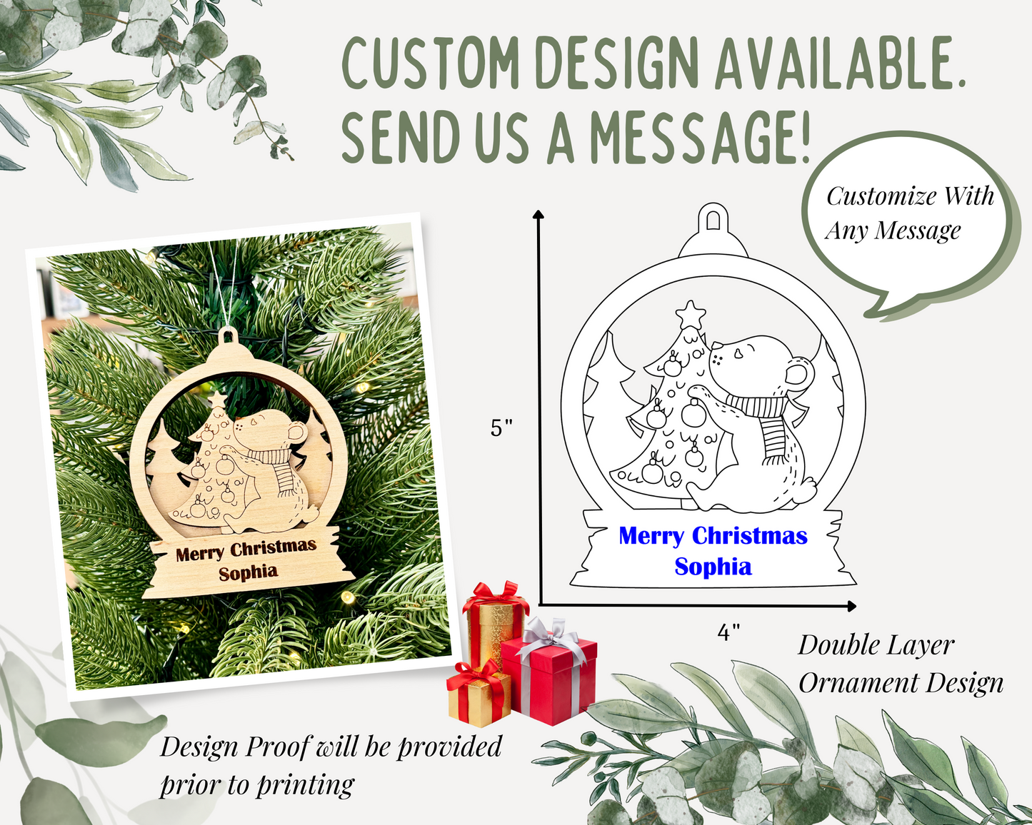 Personalized Snow Globe Tree Loving Bear Christmas Ornament for Christmas Tree Decoration Gift