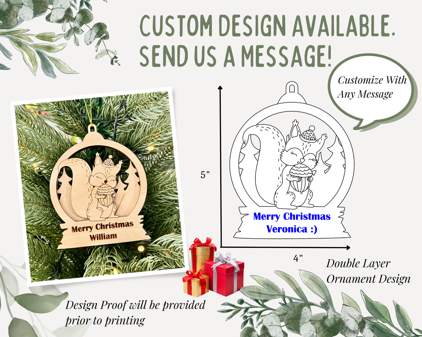 Personalized Snow Globe Squirrel Christmas Ornament for Christmas Tree Decoration Gift