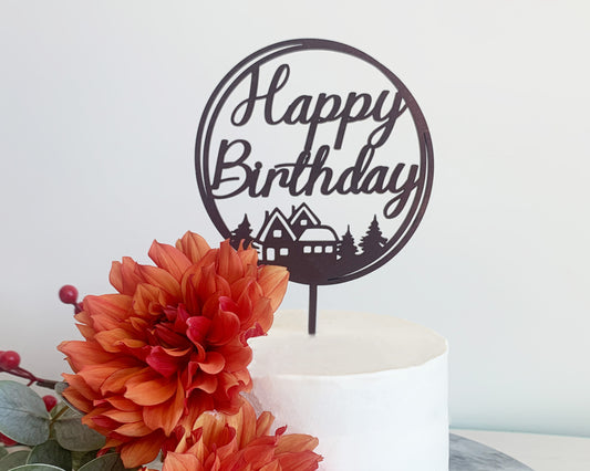 Personalized Cabin Design Happy Birthday Cake Topper for Wedding and Birthday Parties